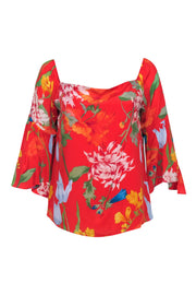 Current Boutique-Alice & Olivia - Red & Multicolor Floral Print Bell Sleeve Silk Blouse Sz L