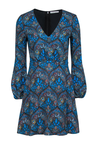 Current Boutique-Alice & Olivia - Teal Paisley Print Fit & Flare Long Sleeve Dress Sz 2