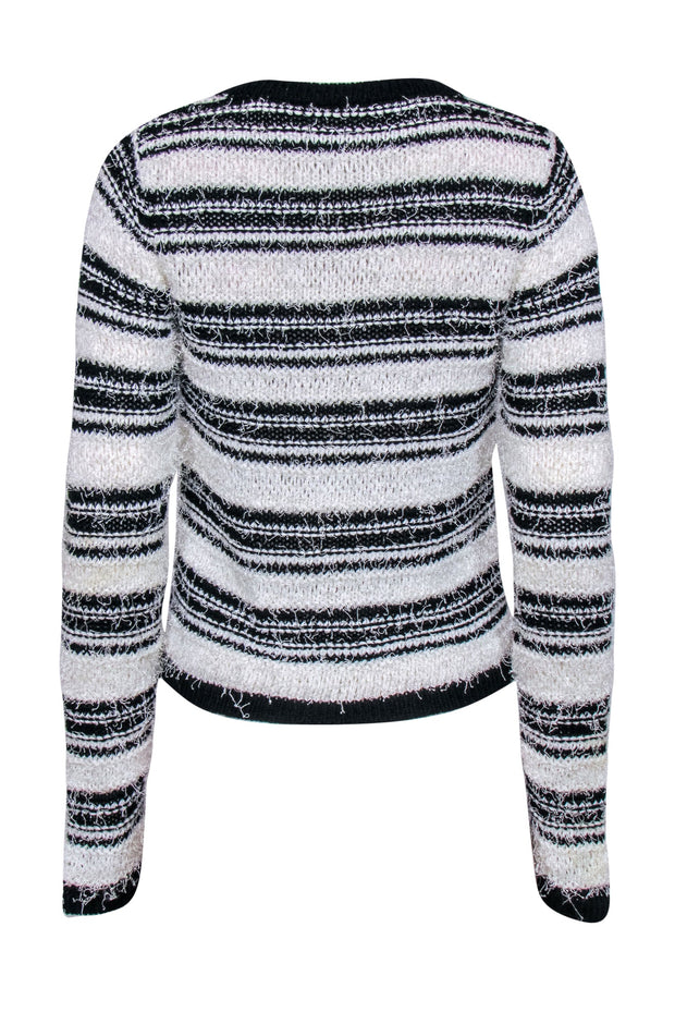 Current Boutique-Alice & Olivia - White & Black Striped Fuzzy Cardigan w/ Jeweled Buttons Sz S