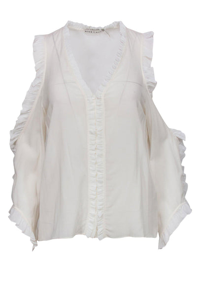 Current Boutique-Alice & Olivia - White Ruffle Cold Shoulder Long Sleeve Button-Up Silk Blouse Sz M