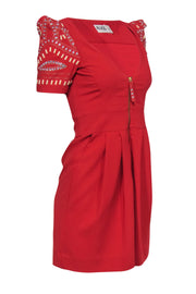 Current Boutique-Alice Temperley - Red "Ghana" Sheath Dress w/ Beaded & Jeweled Puff Sleeves Sz 4