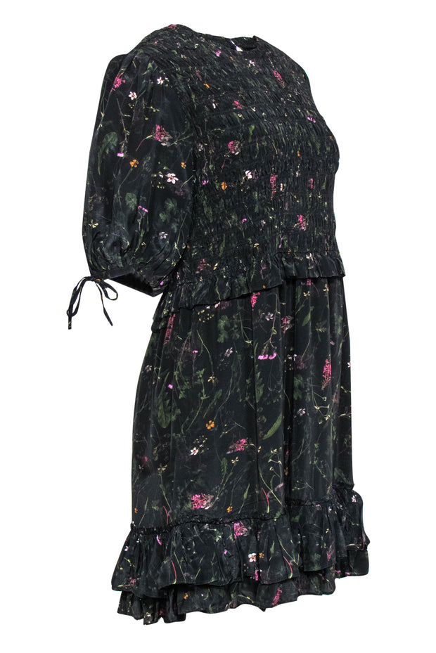 Current Boutique-All Saints - Black Floral Print Smocked Ruffled Puff Sleeve "Jaya Heligan" Dress Sz 10
