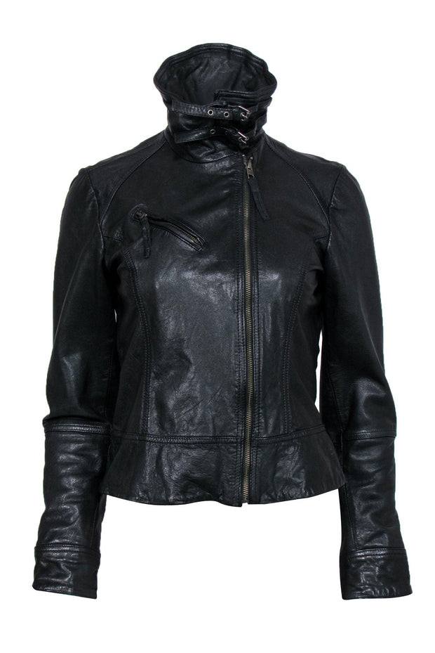 Current Boutique-All Saints - Black Leather Zip-Up Moto Jacket w/ Buckle Detail Sz 6