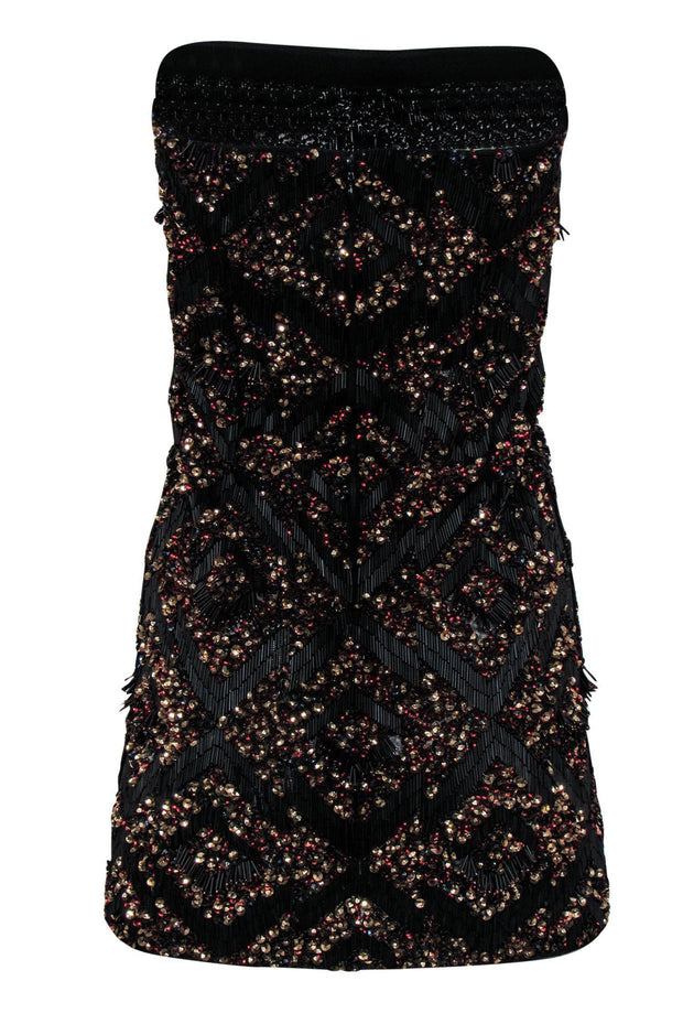Current Boutique-All Saints - Black Strapless Beaded Bodycon Dress w/ Red & Gold Sequins Sz 4