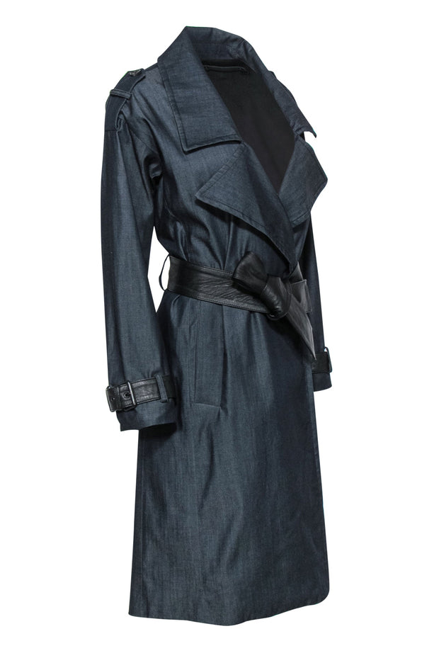 Current Boutique-All Saints - Dark Wash Chambray Double Breasted Trench Coat w/ Leather Trim Sz 2