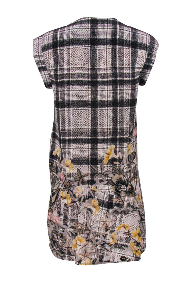 Current Boutique-All Saints - Grey Plaid & Floral Print Sleeveless Drop Waist Silk Shift Dress w/ Asymmetrical Hem Sz 2