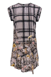 Current Boutique-All Saints - Grey Plaid & Floral Print Sleeveless Drop Waist Silk Shift Dress w/ Asymmetrical Hem Sz 2
