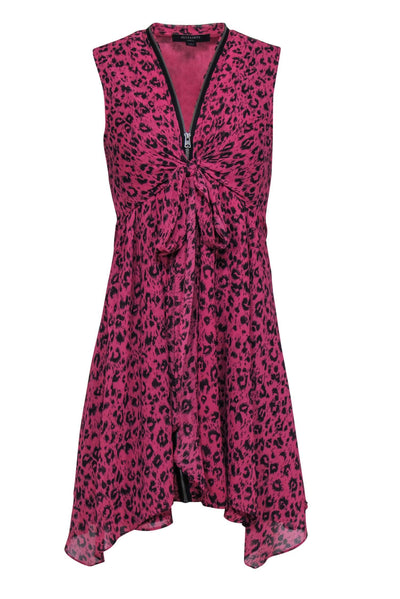 Current Boutique-All Saints - Pink & Black Leopard Print Sleeveless Tie Front Zip-Up Shift Dress Sz S