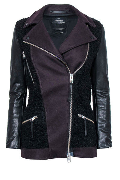 Current Boutique-All Saints - Plum & Black Fuzzy Wool Moto Jacket w/ Leather Sleeves Sz 8