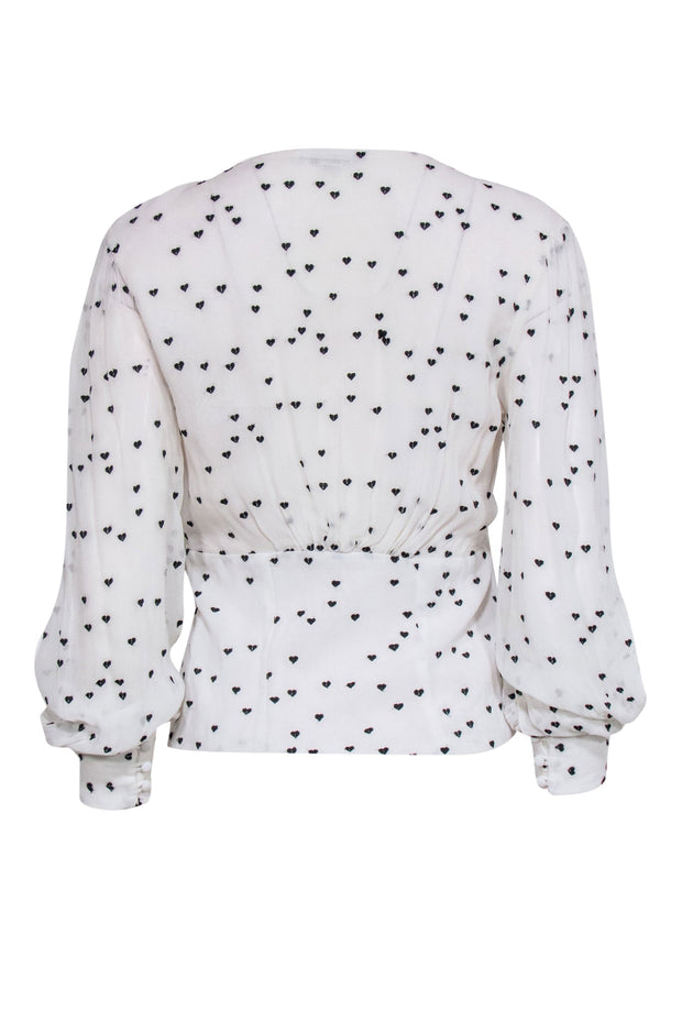Current Boutique-All Saints - White Chiffon Blouse w/ Black Embroidered Hearts & Deep-V Button Front
