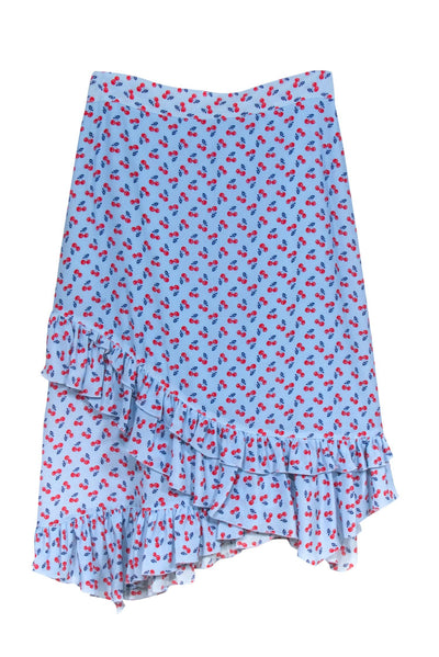 Current Boutique-Altuzarra - Blue & Cherry Print Tiered Ruffle Silk Skirt Sz XXS