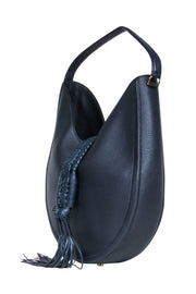 Current Boutique-Altuzarra - Large Navy Pebbled Leather Shoulder Bag w/ Braided Clasp