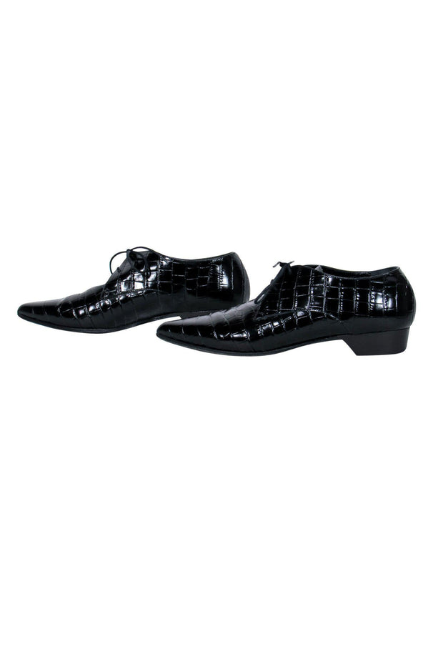 Current Boutique-Alumnae - Black Crocodile Embossed Patent Leather Pointed Toe Heeled Loafers Sz 8.5