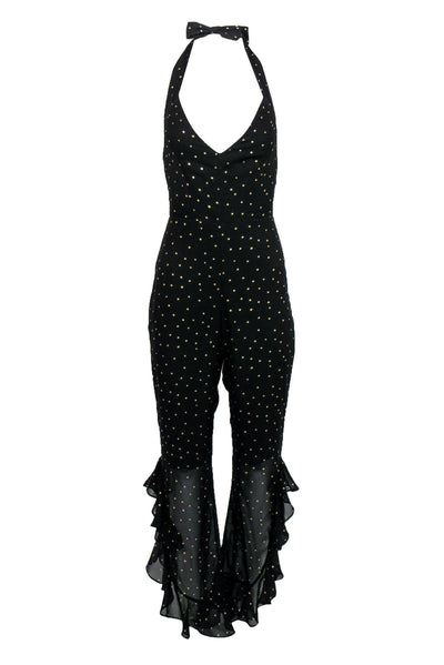 Current Boutique-Amanda Uprichard - Black & Gold Star Print Halter Ruffle Jumpsuit Sz S