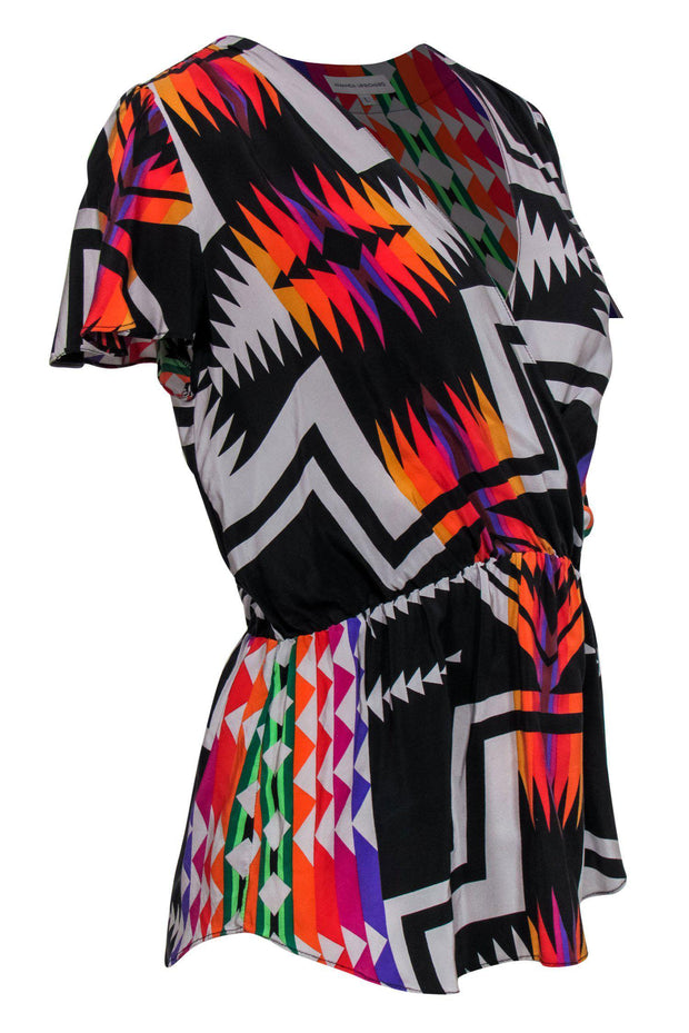Current Boutique-Amanda Uprichard - Black & Multicolored Print Short Sleeve Silk Blouse Sz L