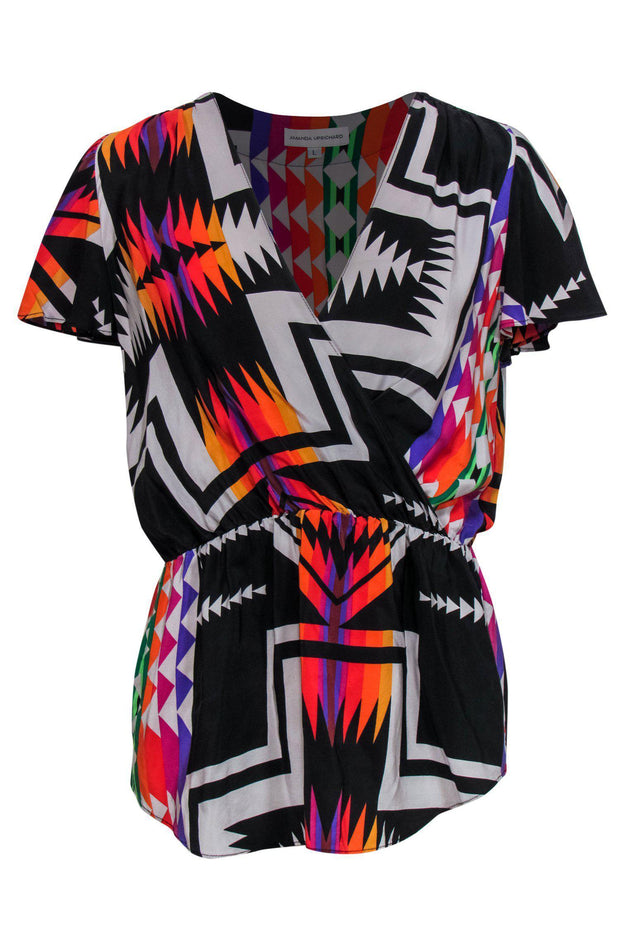 Current Boutique-Amanda Uprichard - Black & Multicolored Print Short Sleeve Silk Blouse Sz L