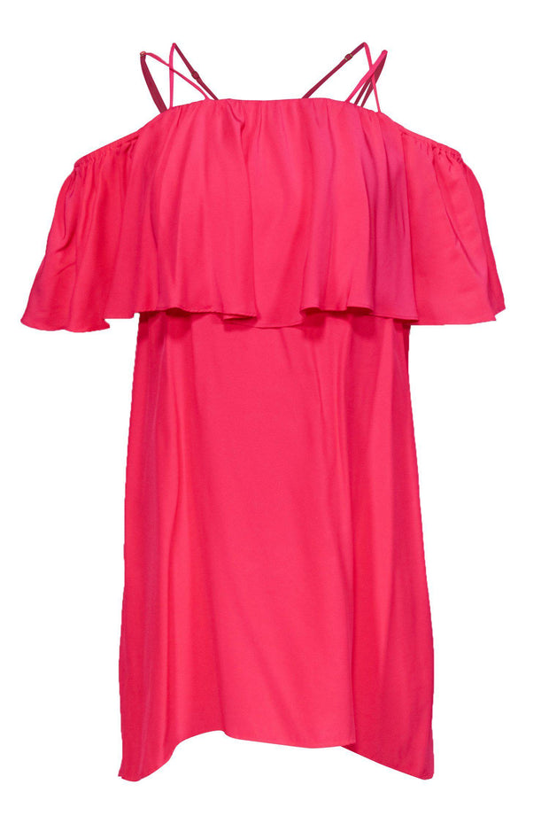 Current Boutique-Amanda Uprichard - Hot Pink Strappy Shift Dress w/ Off-the-Shoulder Ruffle Design Sz M
