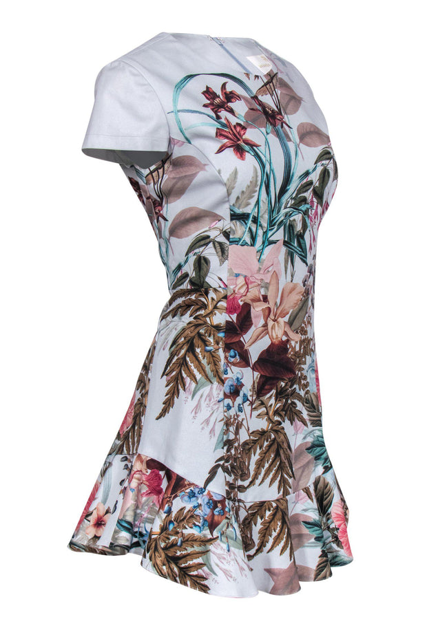 Current Boutique-Amanda Uprichard - Light Blue Floral Print Sheath Dress w/ Flounce Hem Sz L