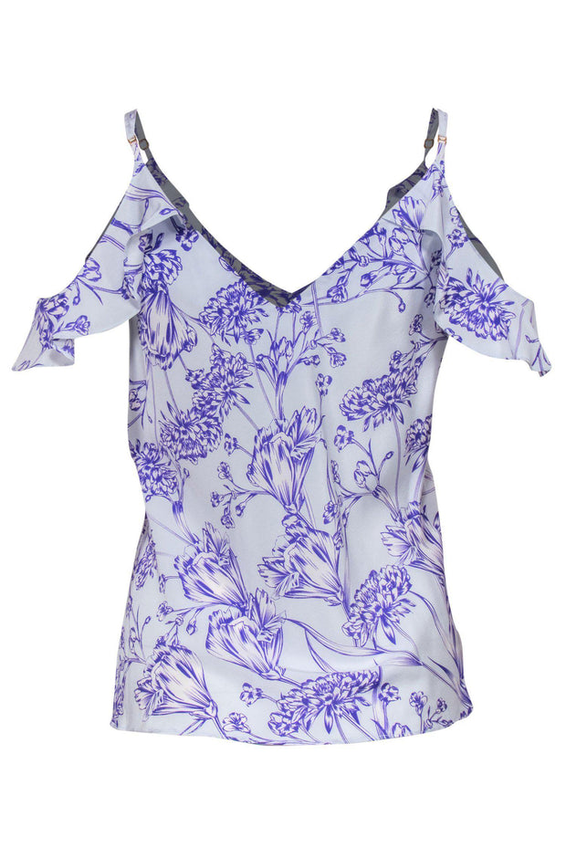 Current Boutique-Amanda Uprichard - Light Blue & Purple Floral Cold Shoulder Flutter Sleeve Silk Blouse Sz M