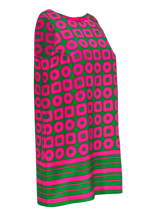 Current Boutique-Amanda Uprichard - Neon Pink & Green Graphic Patterned Silk Shift Dress Sz S