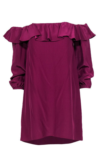 Current Boutique-Amanda Uprichard - Purple Ruffle Long Sleeve Off-the-Shoulder Shift Dress Sz S