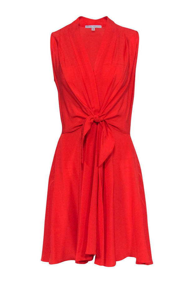 Current Boutique-Amanda Uprichard - Tomato Red Silk Dress w/ Pleating & Knot Detail Sz S
