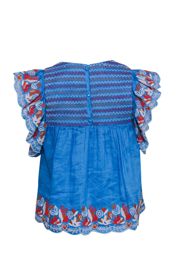 Current Boutique-Amur - Blue Floral Embroidered Flutter Sleeve Blouse Sz S