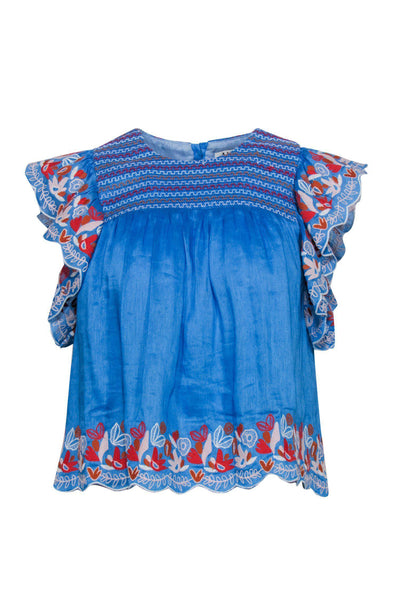 Current Boutique-Amur - Blue Floral Embroidered Flutter Sleeve Blouse Sz S