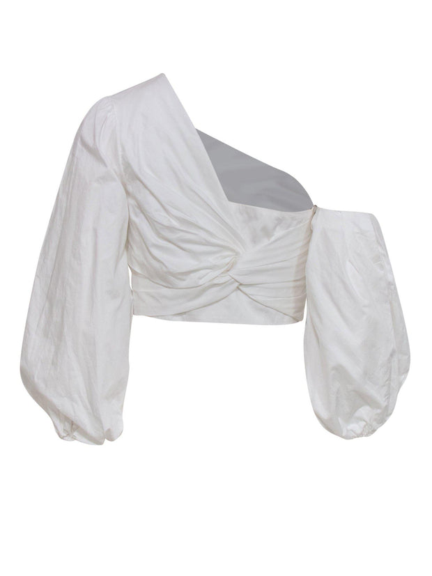 Current Boutique-Amur - White Cotton Asymmetric Draped Puffed Sleeve Crop Top Sz S