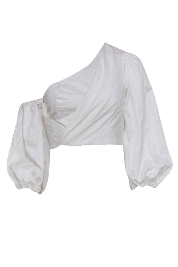 Amur - White Cotton Asymmetric Draped Puffed Sleeve Crop Top Sz S