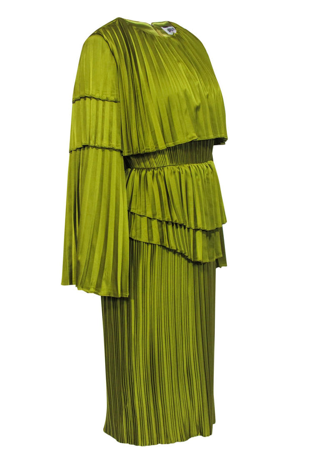 Current Boutique-Andrea Iyamah - Citron Satin Accordion Pleated Tiered Midi Dress Sz M