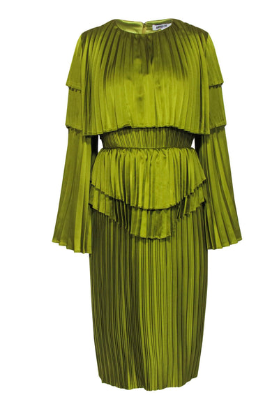 Current Boutique-Andrea Iyamah - Citron Satin Accordion Pleated Tiered Midi Dress Sz M
