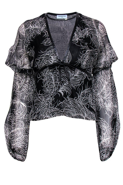 Current Boutique-Andrew Gn - Black Printed Silk Blouse w/ Leather Trim Sz M