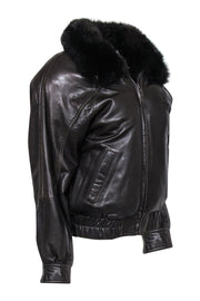 Current Boutique-Andrew Marc - Brown Leather Zip-Up Bomber Coat w/ Removable Fur Vest Sz S