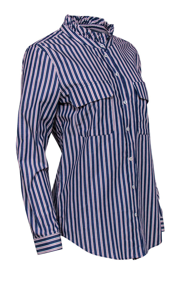 Current Boutique-Anine Bing - Blue Striped Button-Up Blouse w/ Ruffles Sz M