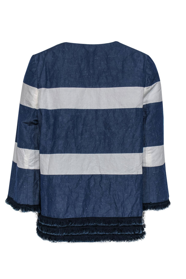 Current Boutique-Ann Mashburn - Navy & White Striped Open Front Jacket w/ Fringed Trim Sz S
