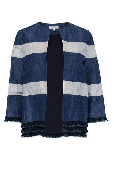 Current Boutique-Ann Mashburn - Navy & White Striped Open Front Jacket w/ Fringed Trim Sz S