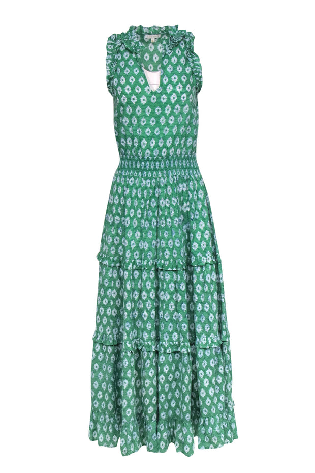 Current Boutique-Anna Cate - Green Printed Cotton Maxi Dress w/ Smocked Waist Sz S