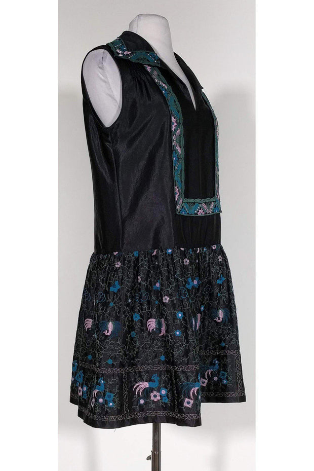 Current Boutique-Anna Sui - Black Embroidered Drop Waist Dress Sz 6