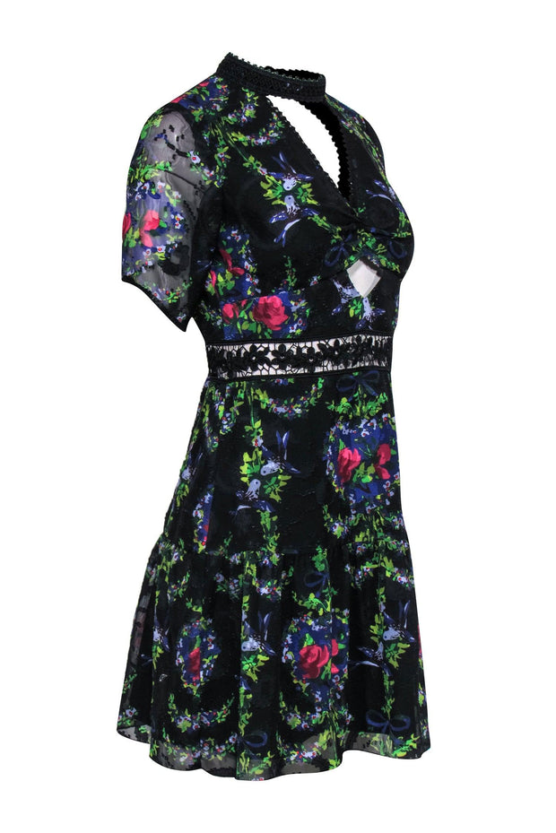 Current Boutique-Anna Sui - Black Floral Mock Neck Short Sleeve Dress w/ Cutouts Sz 2