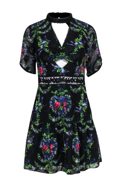 Current Boutique-Anna Sui - Black Floral Mock Neck Short Sleeve Dress w/ Cutouts Sz 2
