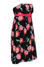 Current Boutique-Anna Sui - Black, Pink & Green Floral Print Strapless A-Line Dress Sz 4