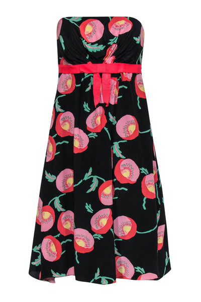 Current Boutique-Anna Sui - Black, Pink & Green Floral Print Strapless A-Line Dress Sz 4