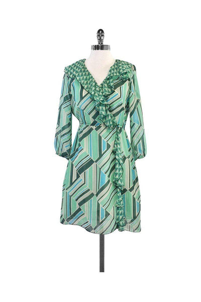 Current Boutique-Anna Sui - Green & Blue Geo Print Silk Ruffle Dress Sz 2