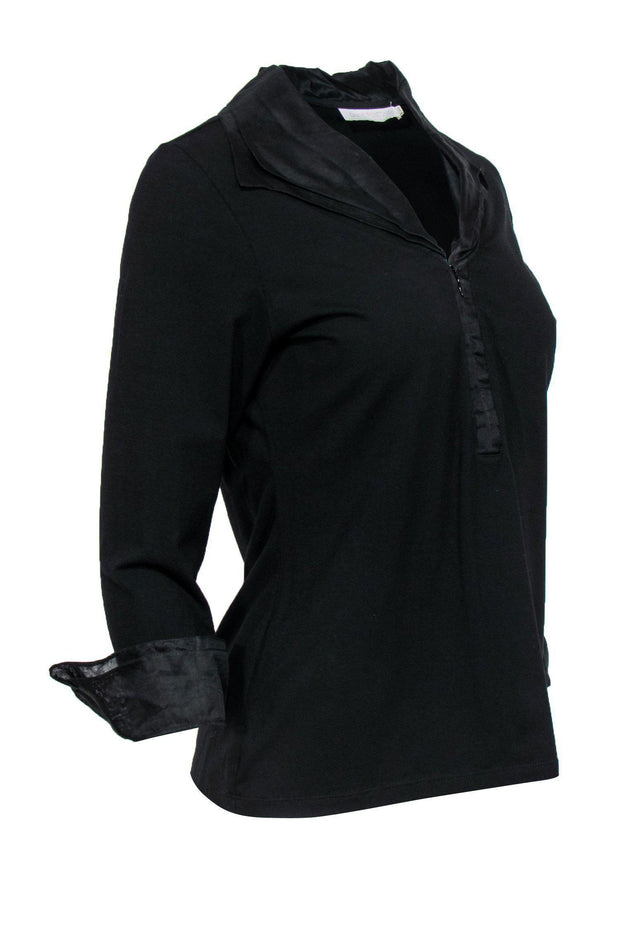 Current Boutique-Anne Fontaine - Black Cuffed Sleeve Collared Cotton Top Sz 10