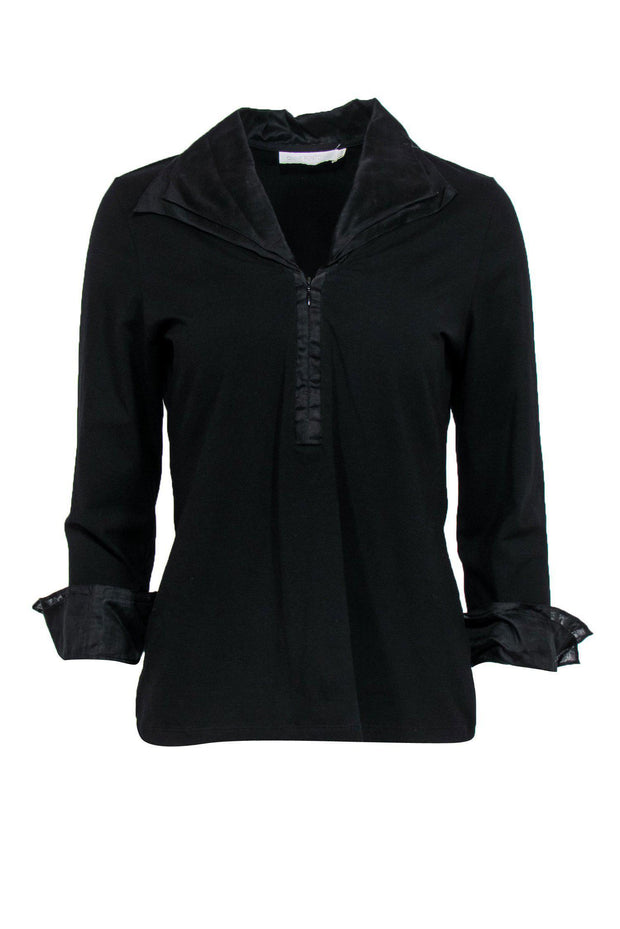 Current Boutique-Anne Fontaine - Black Cuffed Sleeve Collared Cotton Top Sz 10