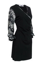 Current Boutique-Anne Fontaine - Black Long Sleeve Ruched Dress w/ Spotted Print Trim Sz 12