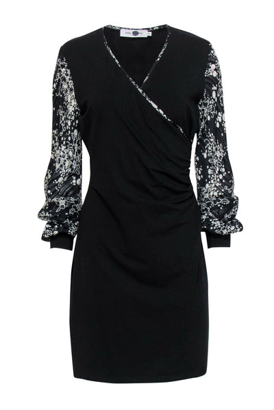 Current Boutique-Anne Fontaine - Black Long Sleeve Ruched Dress w/ Spotted Print Trim Sz 12