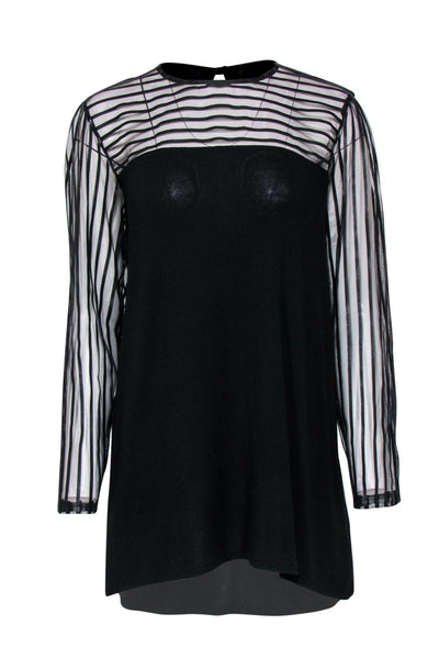 Current Boutique-Anne Fontaine - Black "Mindy" Tunic w/ Striped Mesh Sleeves & Neckline Sz 12