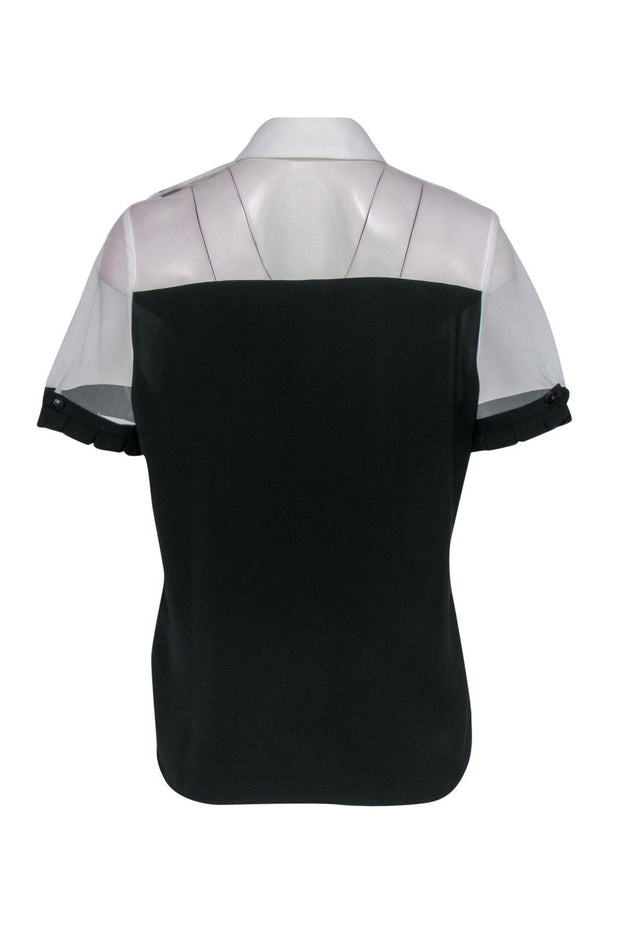 Current Boutique-Anne Fontaine - Black & White Collared Blouse w/ Mesh Sleeves Sz 10